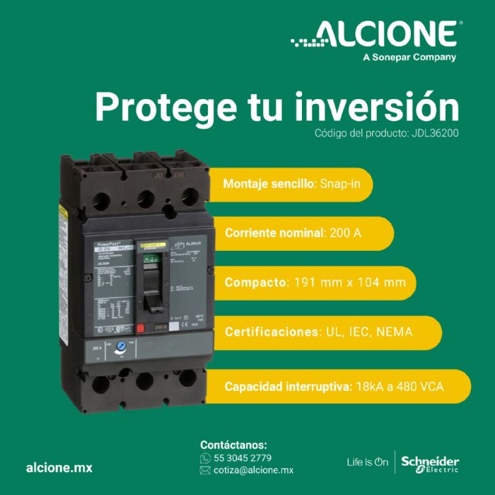 Interruptor termomagnético PowerPacT J, de 200A, 3 polos, 14kA a 600V, zapatas - SCHNEIDER ELECTRIC