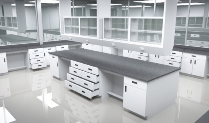 Mesa isla para laboratorios de control de calidad con repisa de servicios y almacenaje suspendid - 